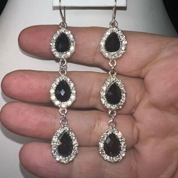 Silver Tone Black Crystal Pear Halo Dangle Earrings - Picture 6 of 7